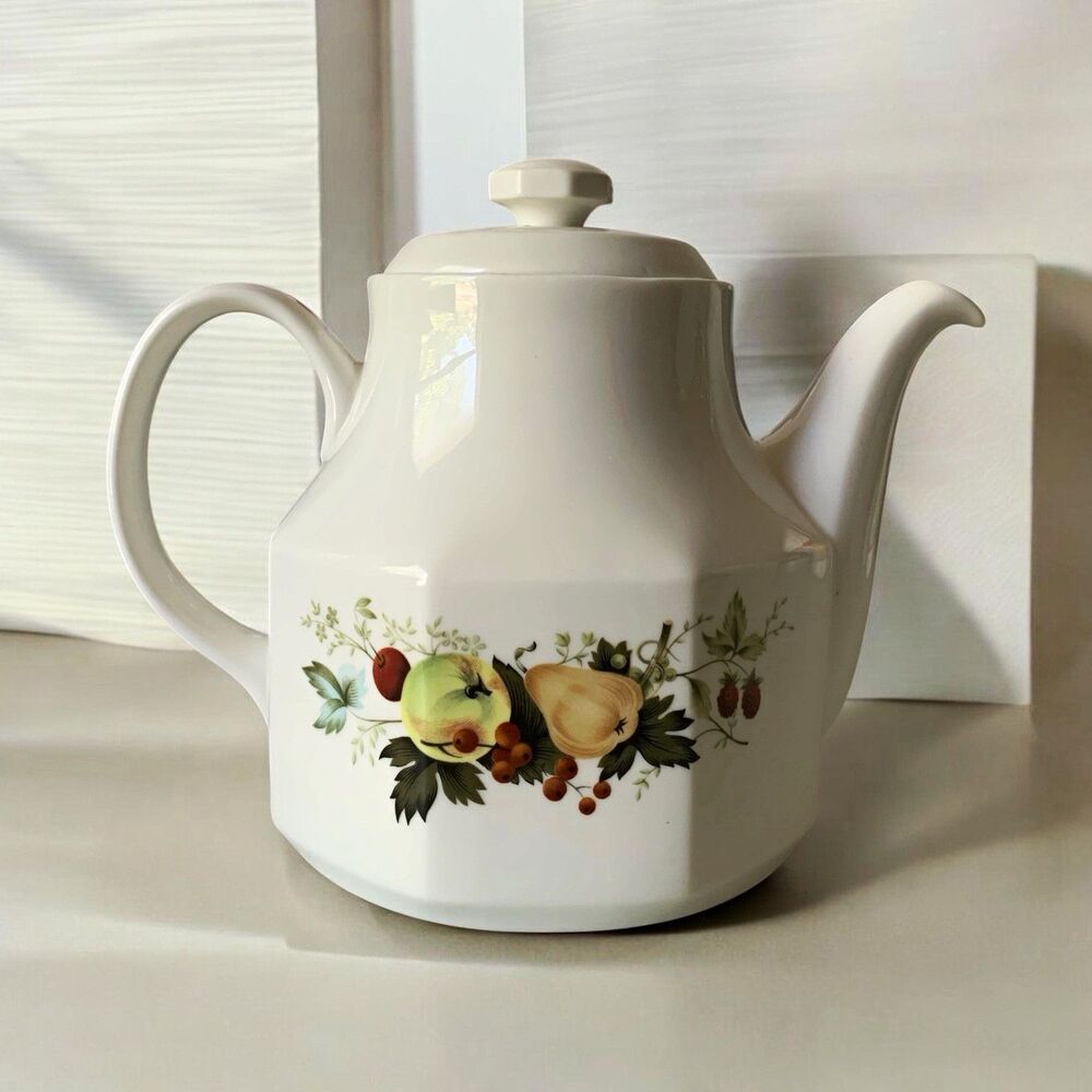 Vintage Royal Kent White Ceramic Teapot with Lid, Glossy Fruit Pattern